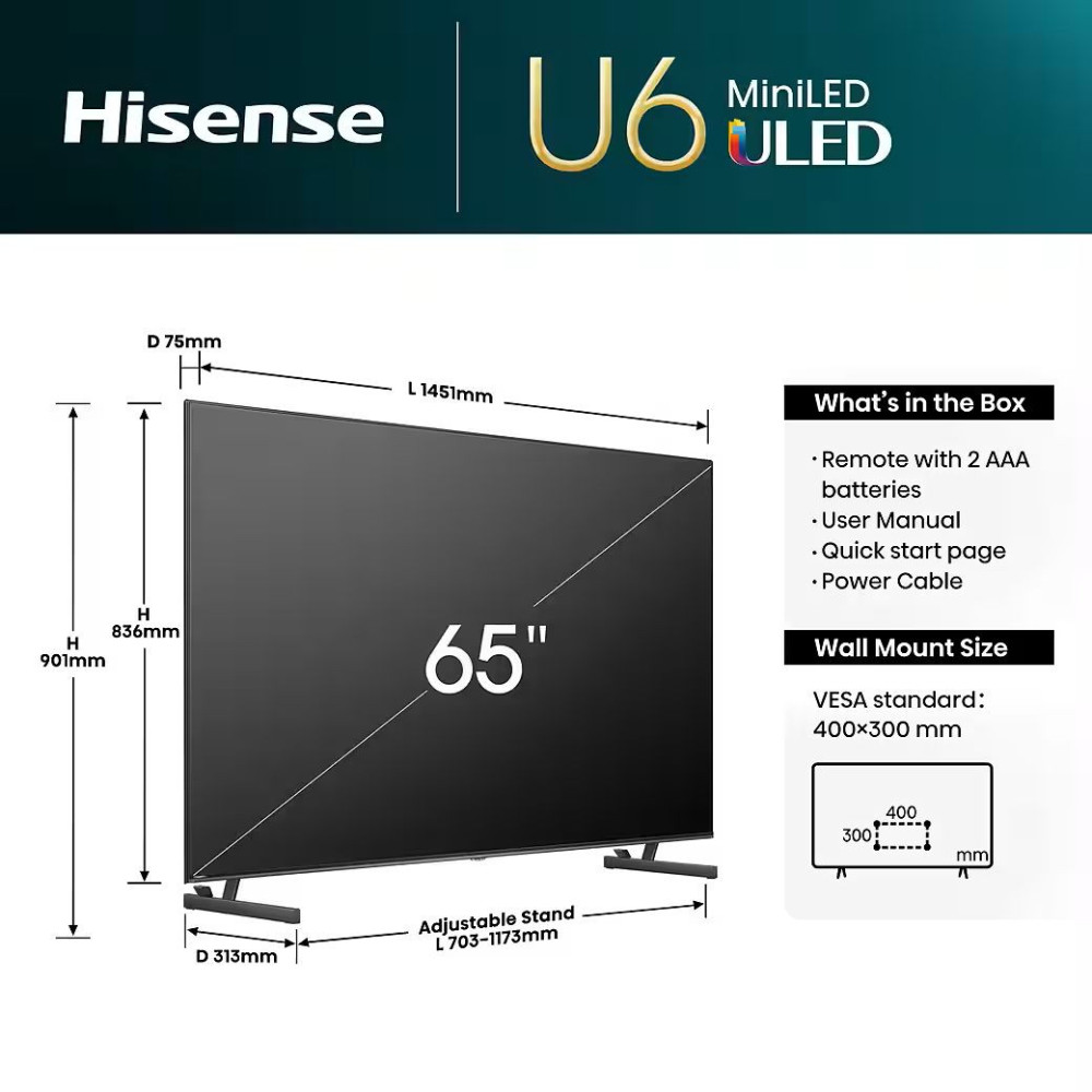 Hisense 65 Inch U6Q ULED 4K Smart TV with Mini-LED & Quantum Dot