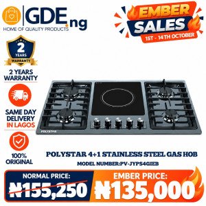 Polystar 5 Burner Built-in Gas Hob PV-BA8705AGPS - Tempered Glass, Electric Ignition
