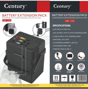 Century CBP1200 Battery Extension Pack – Backup Power Pack for AC/DC & Rechargeable Fans (12V 4.5Ah)