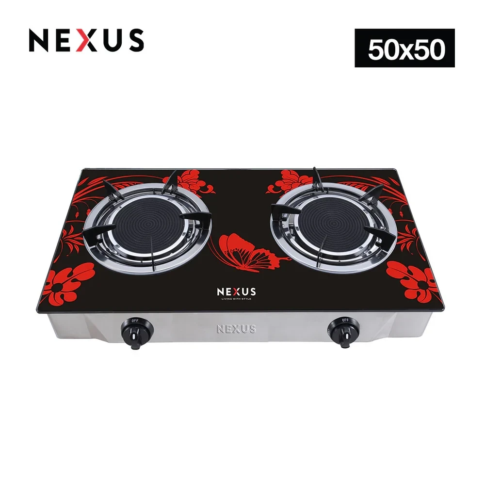 Nexus NX-205BB Table Top Gas Cooker – Double Burner, Tempered Glass Top (50×50)