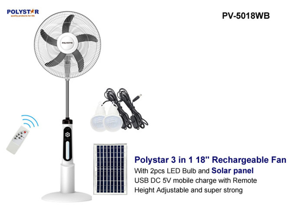 Polystar 18" Rechargeable Standing Fan with Solar Panel & Bulb | PV-5018B