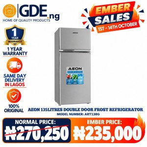 AEON 135L Double Door Fridge with D-Frost Cooling – Grey ART138G
