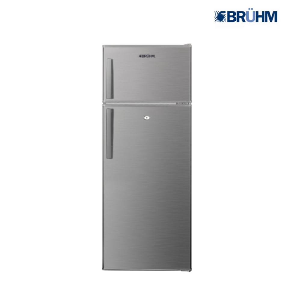Bruhm 205L Top Mount Refrigerator REF BFD-210MD – Inox Door, Grey Body, Defrost, Lock & Key