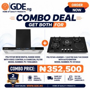 COMBO|POLYSTAR 90CM HOOD+INVERTER 4 PLUS 1 ELECTRIC INBUILT GAS HOB
