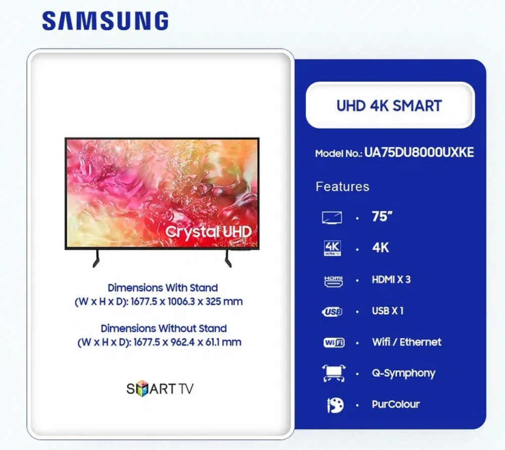 Samsung UA75DU8000UXKE 75-Inch 4K UHD Smart TV – Metalstream, Q-Symphony, Black