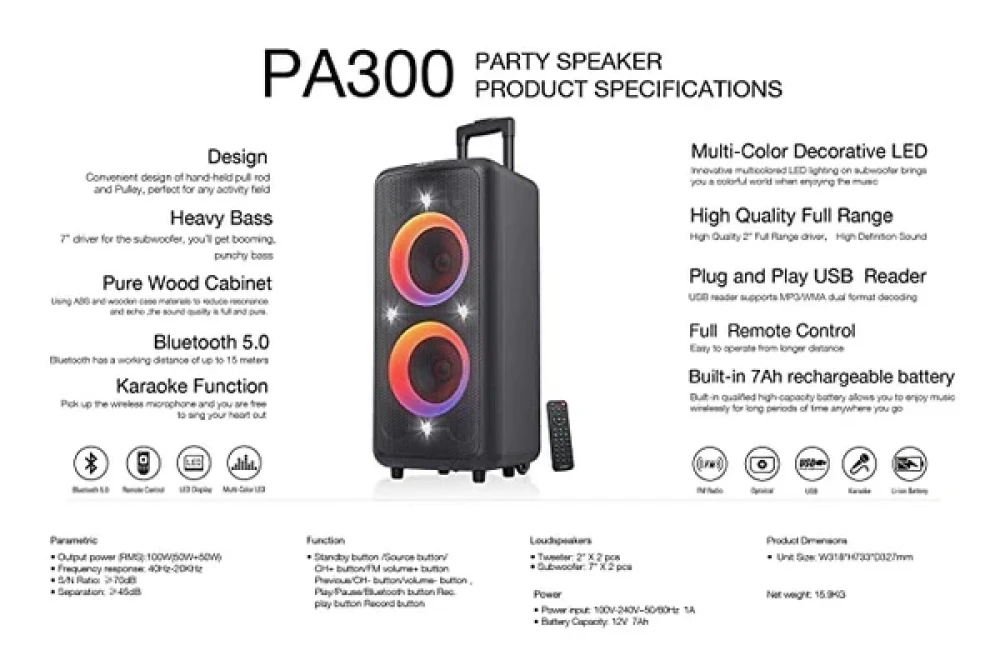 F&D PA300 100W Portable Party Speaker with 7-Inch Bass Driver, Bluetooth, USB, FM, and Wireless Mic – Black