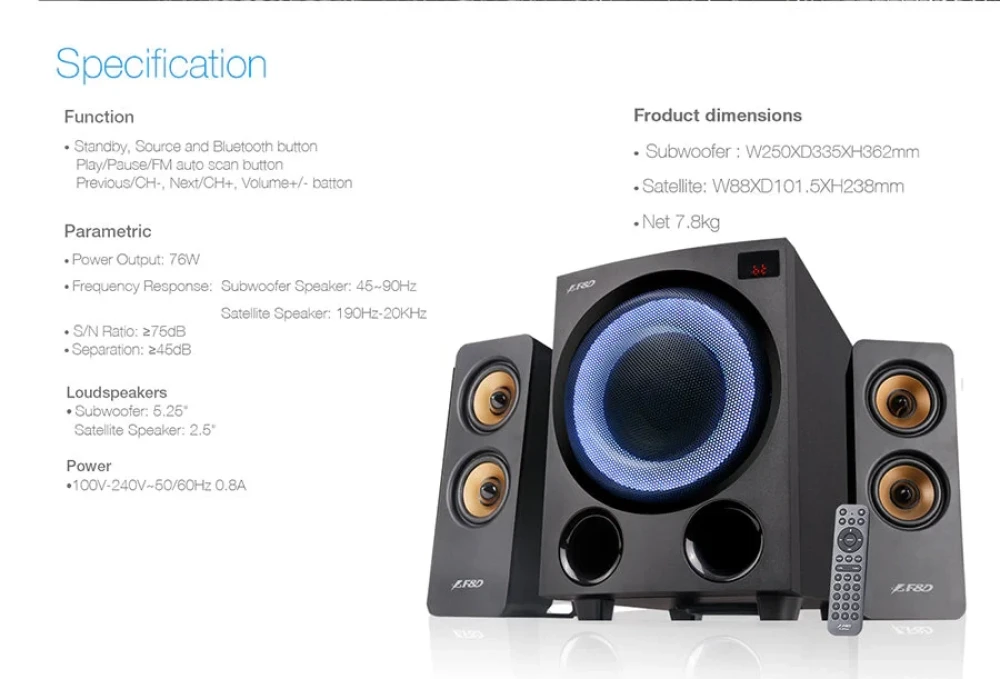 F&D F770X 76W Multimedia Bluetooth Speaker System with Subwoofer, LED Lights & Remote – Black