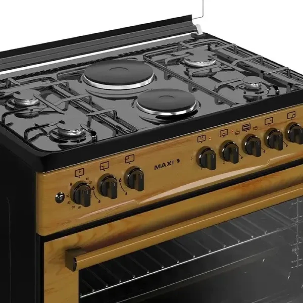 Maxi Gas Cooker 60x90 CM (4+2) Burners – Wood Finish with Oven, Grill & Auto Ignition