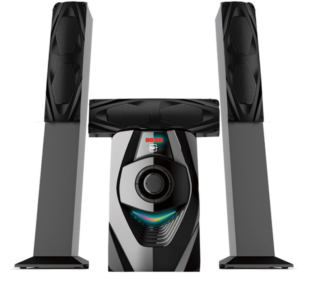 Mi+ 3.1CH Home Theater System – MIG813S Powerful Subwoofer + 3 Satellites – Bluetooth, USB, FM, MP3 – LED Light– Wooden Cabinet
