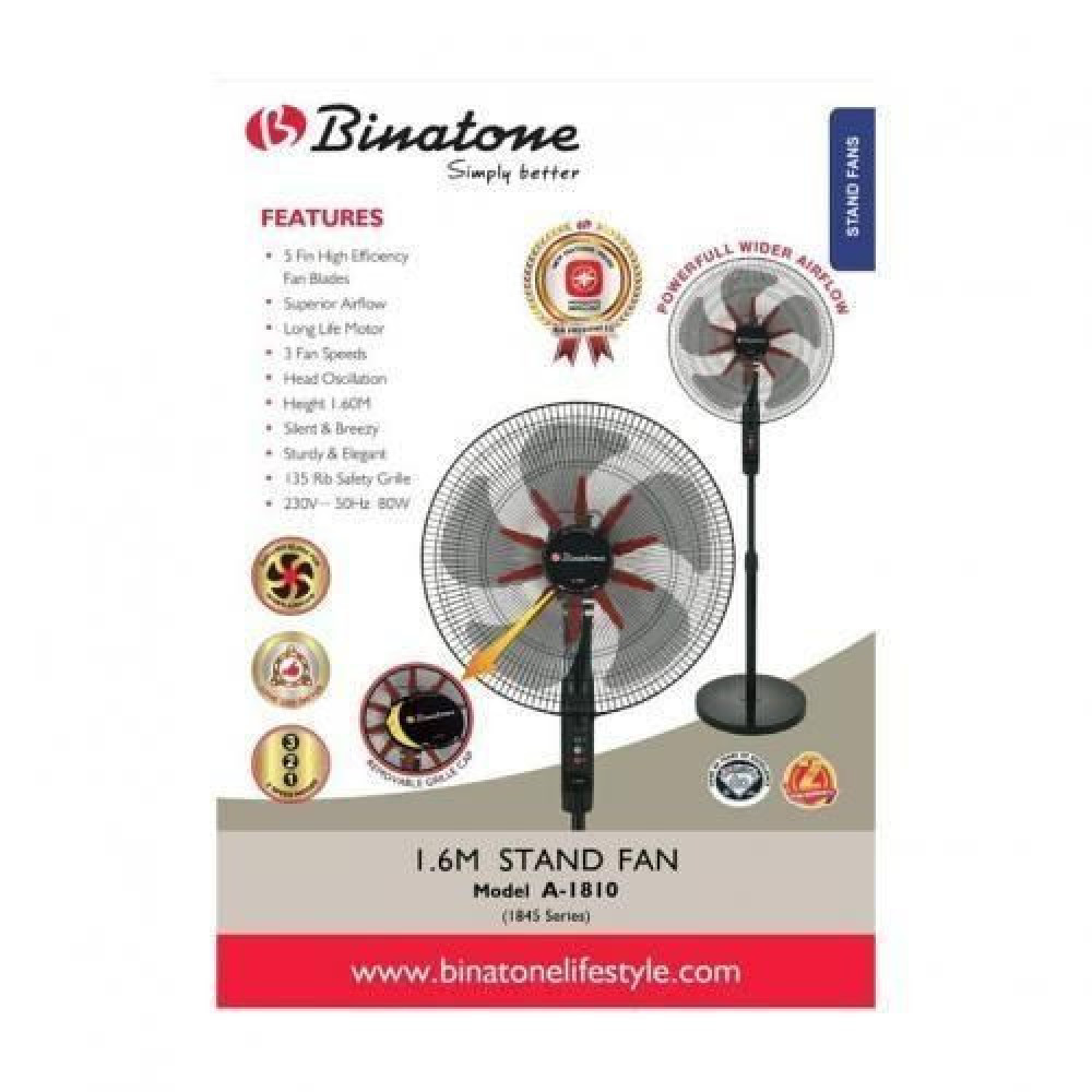Binatone A-18105 Silent Breeze 18" Stand Fan – 1.6m Height, High-Efficiency Airflow