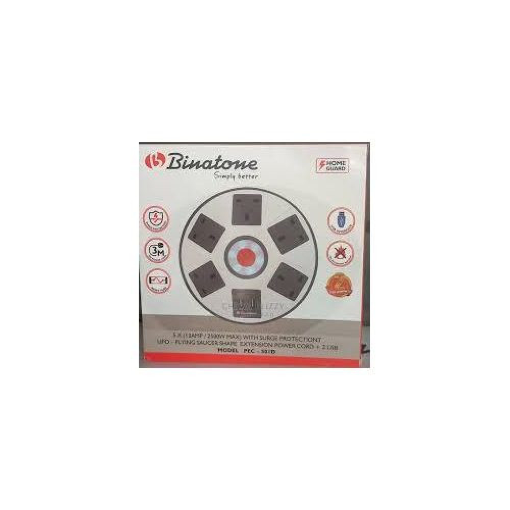 Binatone PEC-501D 5-Way Power Extension with Surge Protection & 2 USB Ports – 3M Cord, 100% Copper + 2 Years Warranty