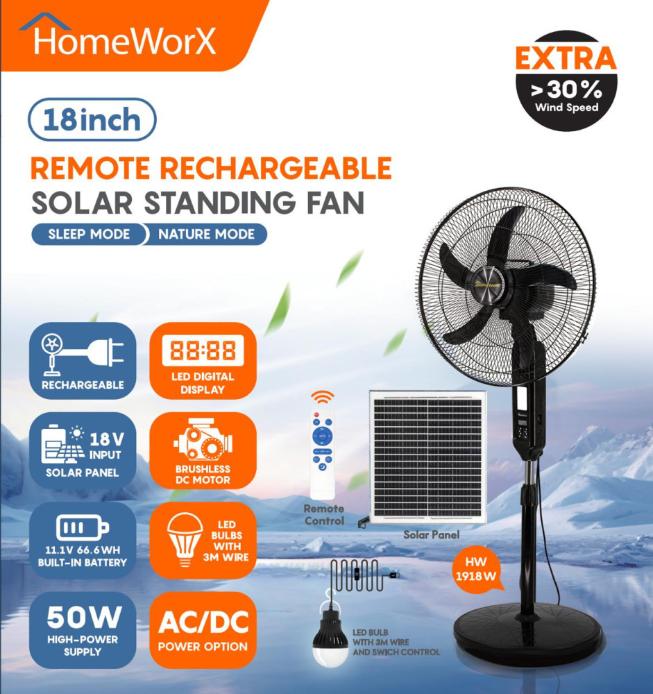 HOMEWORX 18INCH SOLAR STANDING FAN WITH 30W SOLAR PANEL