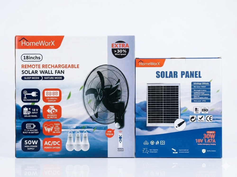 HOMEWORX 18INCH SOLAR WALL FAN WITH 30W SOLAR PANEL