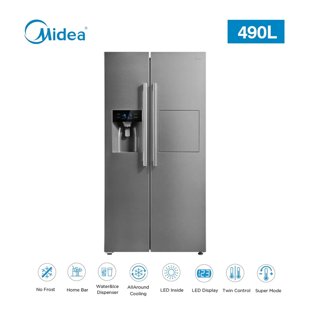 MIDEA 490L Side-by-Side Refrigerator – NoFrost  Water Ice Dispenser (Model MDRS678FGF02, Stainless)