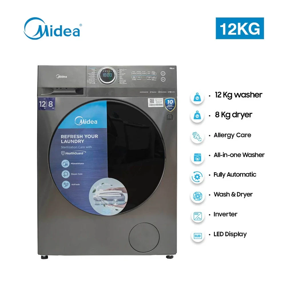 MIDEA 12kg Front-Load Washer & 8kg Dryer Inverter Washing Machine – Fully Automatic, Steam & Allergy Care (Model MF200D120WD-B/T, Dark Grey)