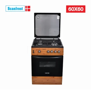 SCANFROST 60×60 CM 4-Burner Gas Cooker – Wood Finish Oven & Grill (CK6402NG)