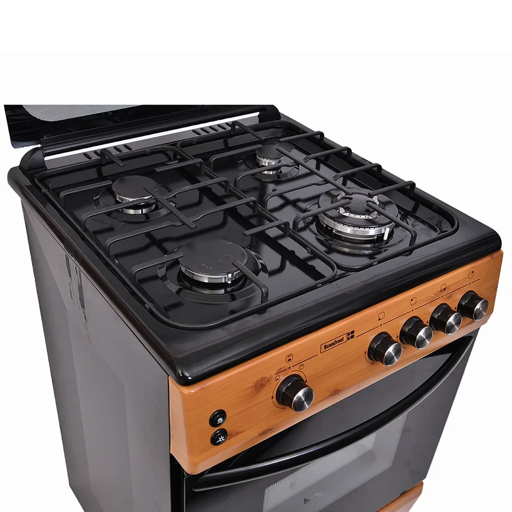 SCANFROST 60×60 CM 4-Burner Gas Cooker – Wood Finish Oven & Grill (CK6402NG)
