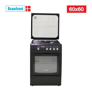 SCANFROST 60×60 CM 4-Burner Gas Cooker – Black Glass Top Oven with Turnspit (CK6402B)