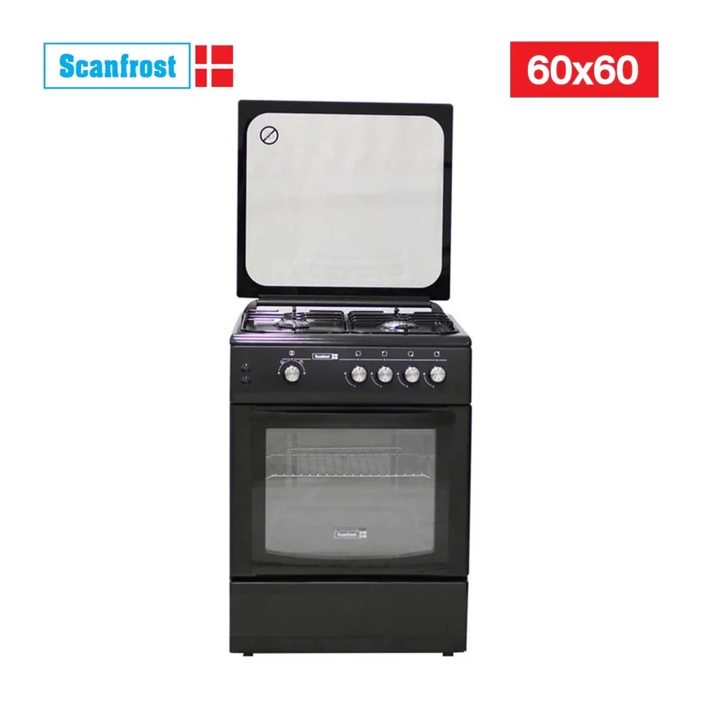 SCANFROST 60×60 CM 4-Burner Gas Cooker – Black Glass Top Oven with Turnspit (CK6402B)