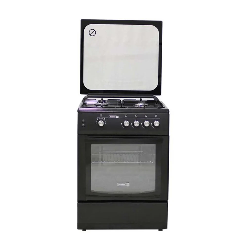 SCANFROST 60×60 CM 4-Burner Gas Cooker – Black Glass Top Oven with Turnspit (CK6402B)