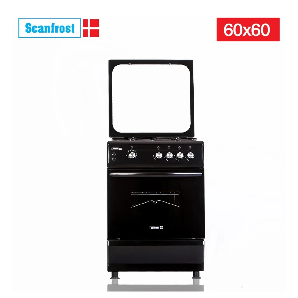 SCANFROST 60×60 CM 4-Burner Gas Cooker – Black Glass Top Oven & Grill (CK6400B)