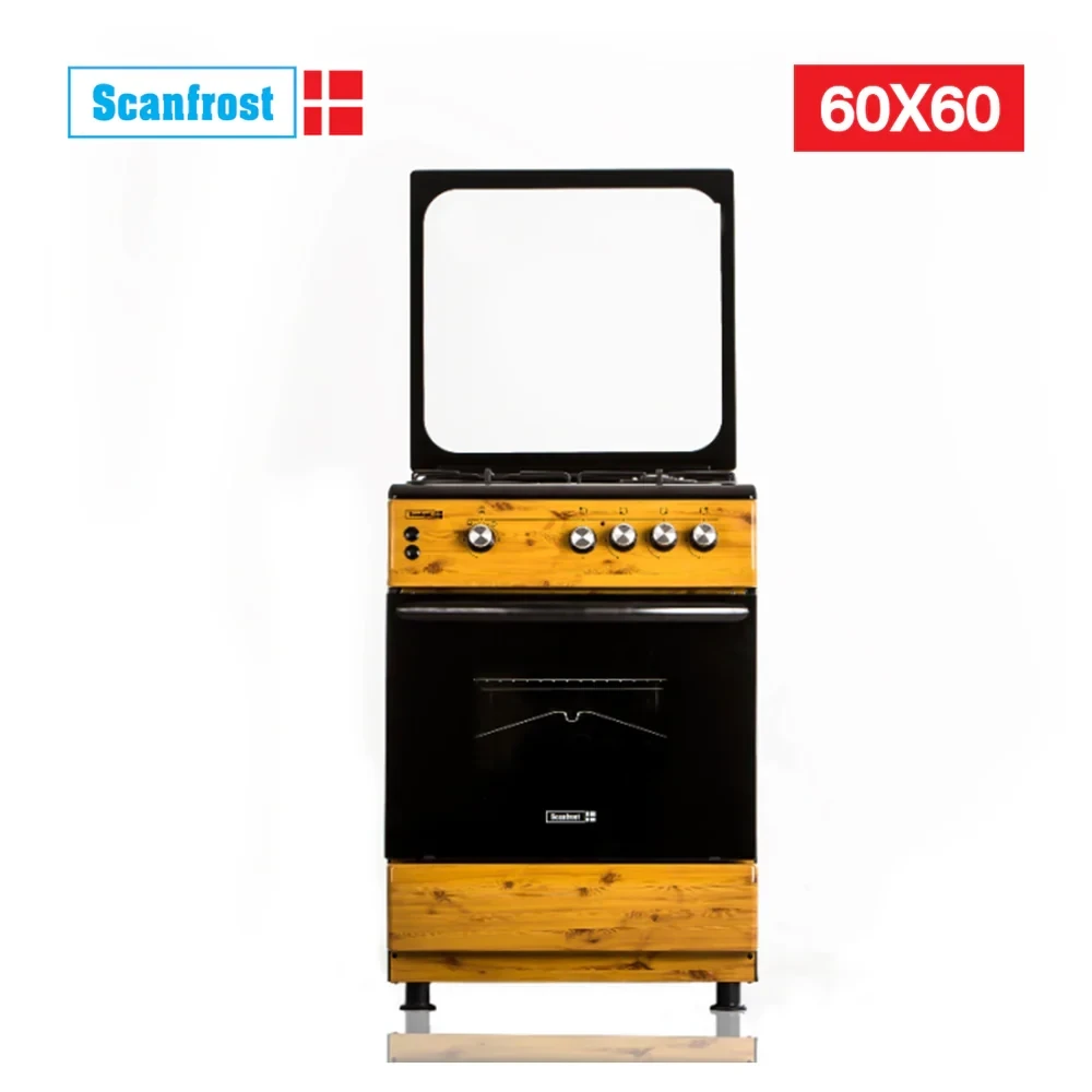 SCANFROST 60×60 CM 4-Burner Gas Cooker – Wood Finish Oven & Grill (CK6401NG)