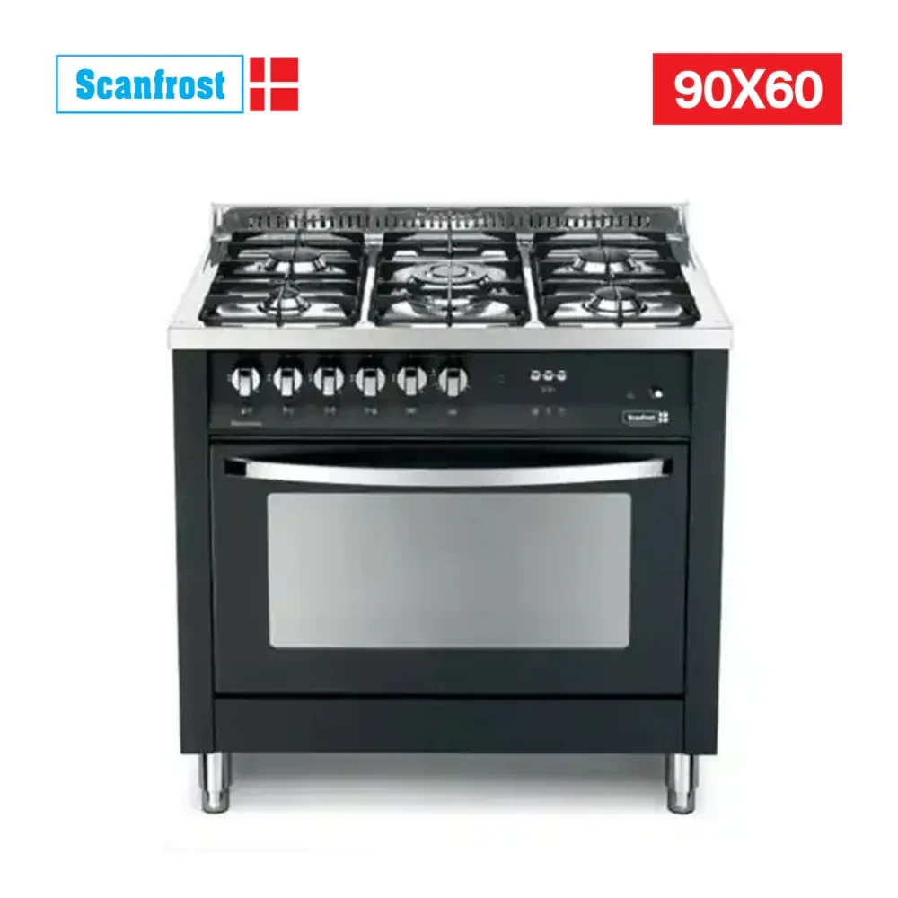 SCANFROST 90×60 CM 5-Gas + 2-Electric Cooker – Pearl Black Inox Oven (PNG96G2G)