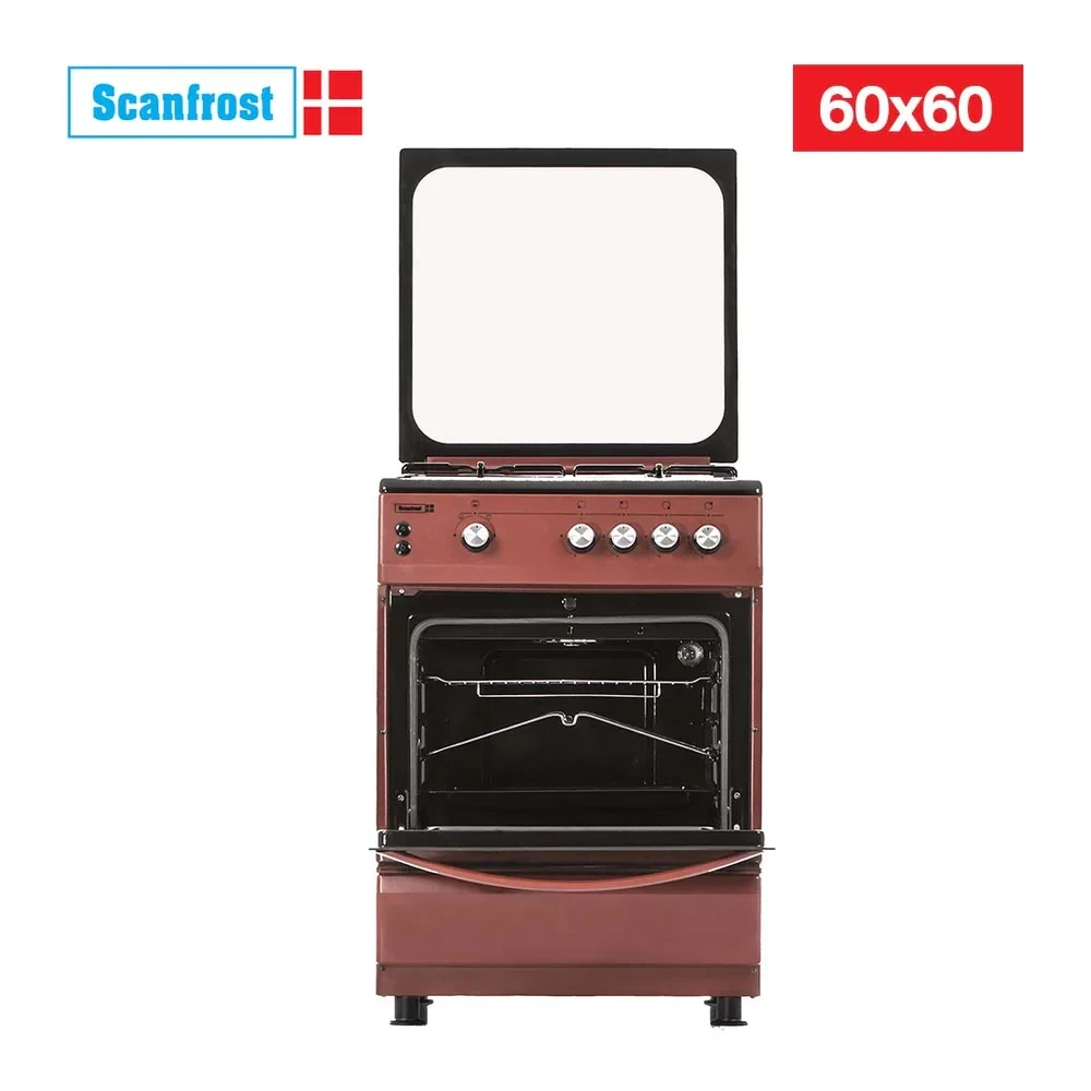 SCANFROST 60×60 CM 4-Burner Gas Cooker – Burgundy Glass Top Oven & Turnspit (CK6400R)