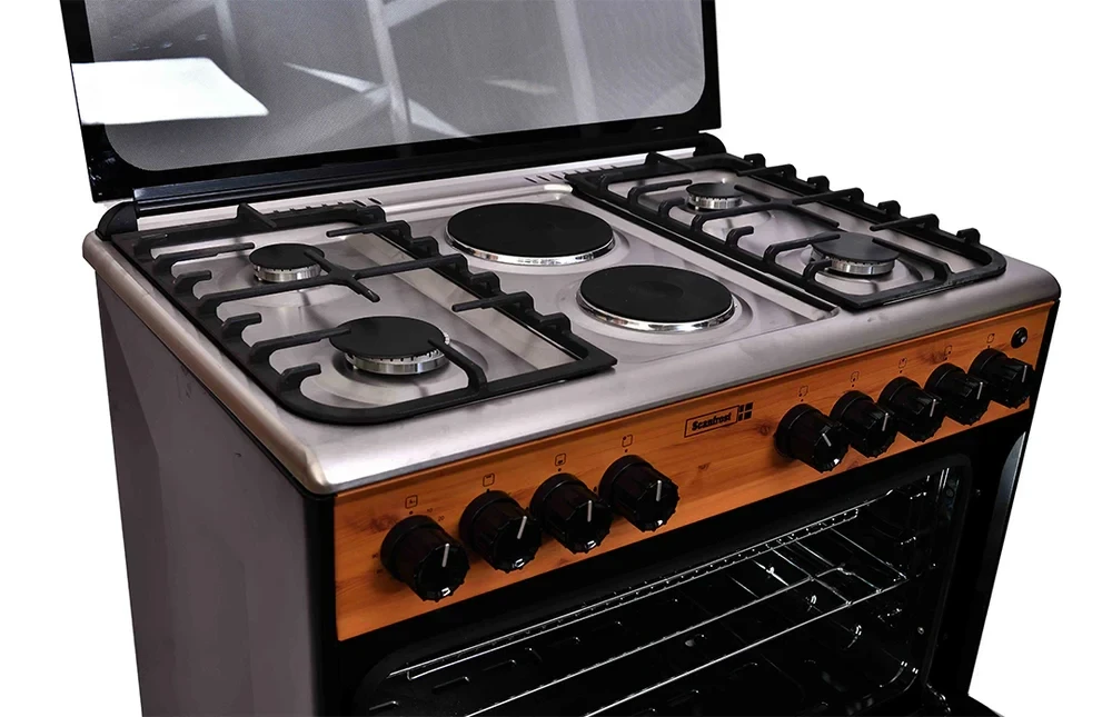 SCANFROST 90×60 CM 4-Gas + 2-Electric Cooker – Wood Finish Oven & Electric Grill (SFC9426NEF)