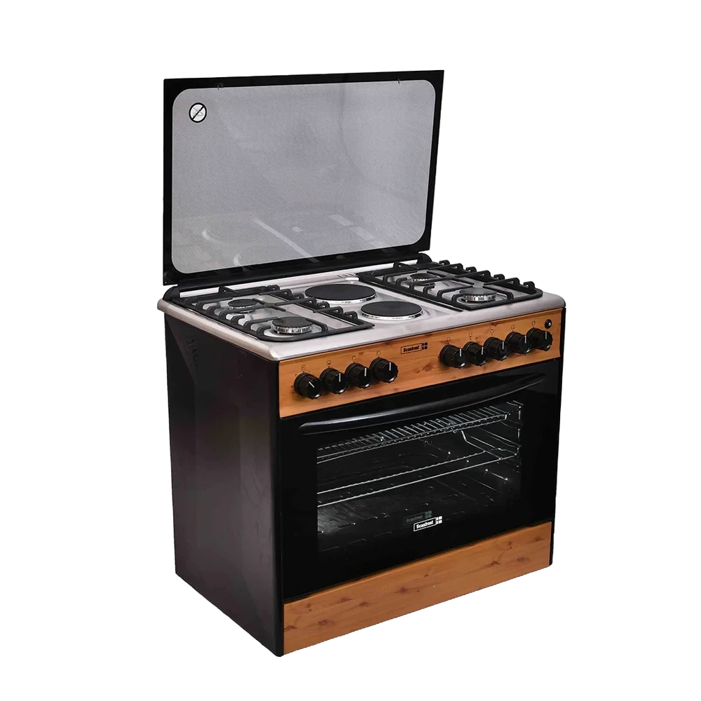 SCANFROST 90×60 CM 4-Gas + 2-Electric Cooker – Wood Finish Oven & Electric Grill (SFC9426NEF)