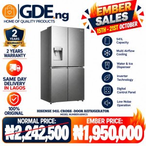 Hisense 541L Cross Door Refrigerator (68WCS) – Large Capacity, Multi Air Flow, Modern Design