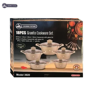 Master Chef 18-Piece Granite Cookware Set 3920 | Non-Stick Pots with Glass Lids, Nylon Utensils & Gloves