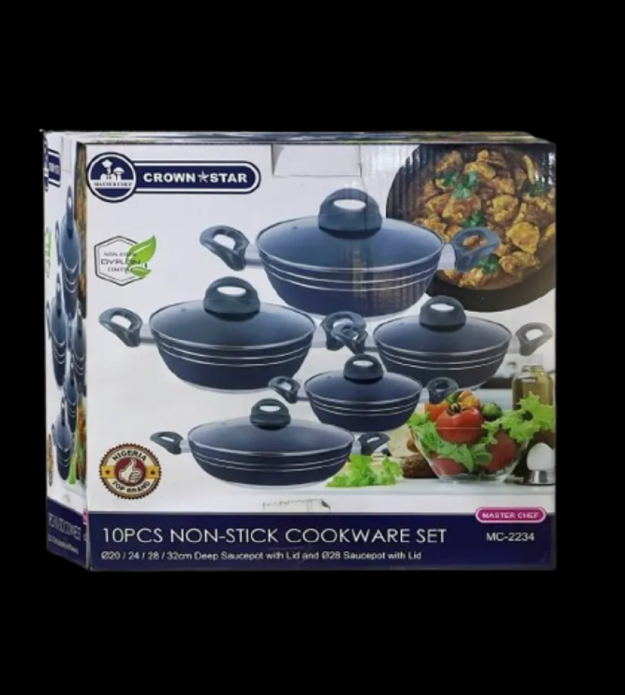 Master Chef 10-Piece Non-Stick Cookware Set MC-2234 | Durable Dyflon-Coated Saucepots with Glass Lids (20cm–32cm)