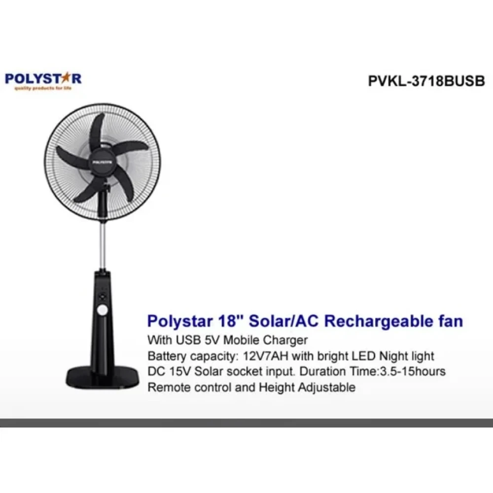Polystar 18" Rechargeable Standing Fan PVKL-3718BUSB - Remote Control & LED Light