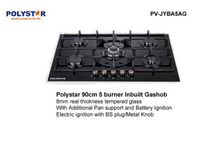 Polystar 5-Burner Tempered Glass Gas Hob PV-JYBA5AG – Built-In, Dual Ignition