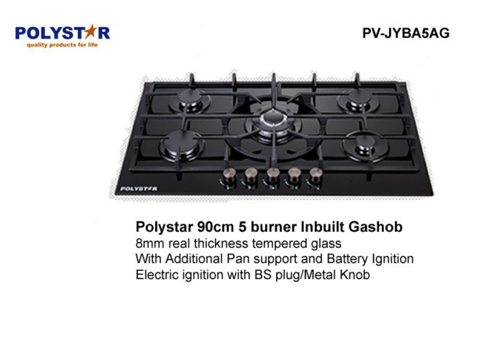 Polystar 5-Burner Tempered Glass Gas Hob PV-JYBA5AG – Built-In, Dual Ignition