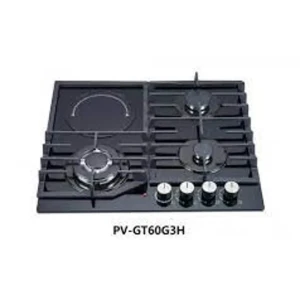Polystar 3-Burner + 1 Hot Plate Glass Table Gas Hob PV-GT60G3H – Dual Fuel, Heavy Cast Iron Support