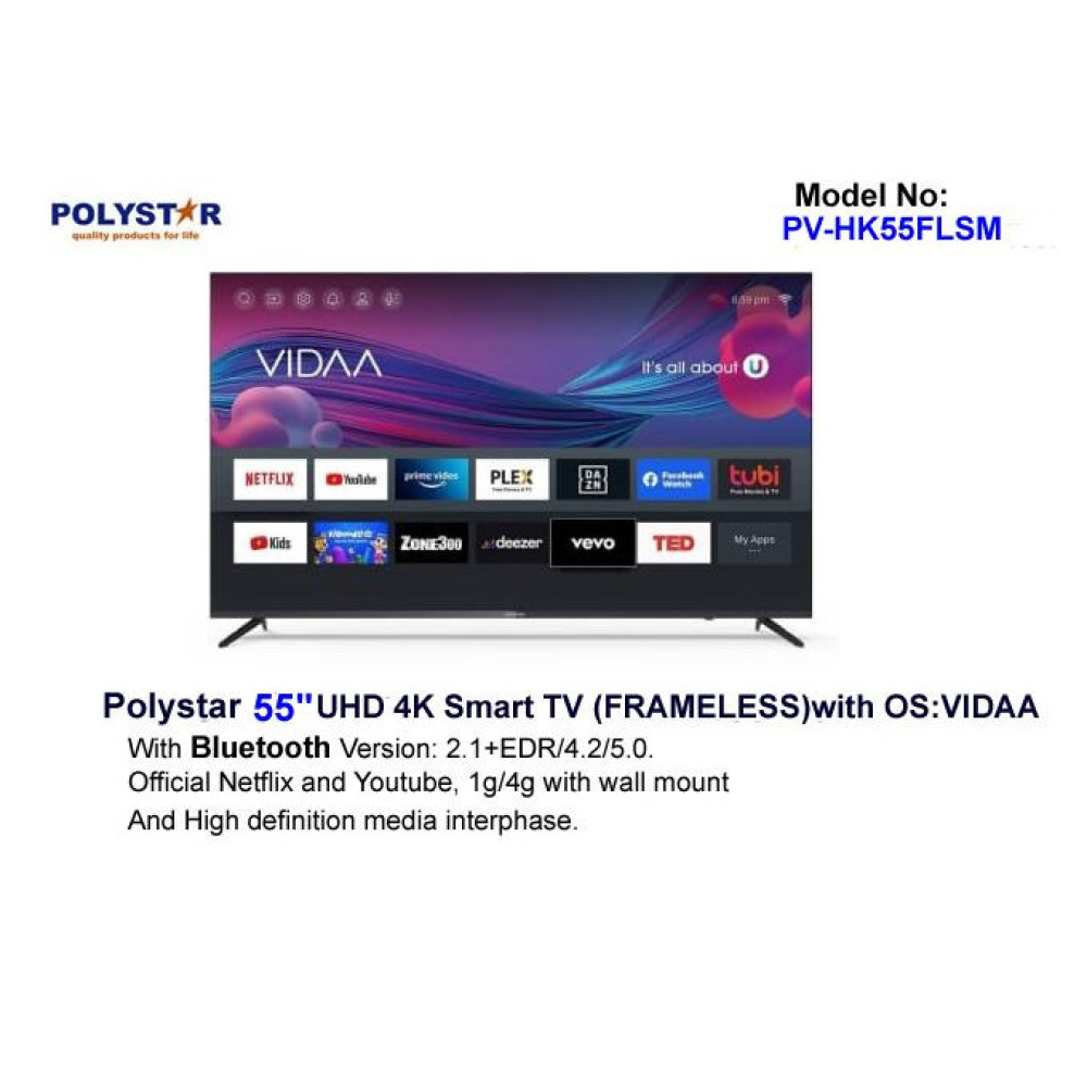 Polystar 50-Inch UHD VIDAA Smart TV PV-HK50FLSM – Frameless Design, WiFi, Bluetooth, 8GB Storage