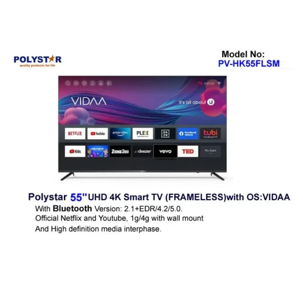 Polystar 55-Inch UHD 4K Smart LED TV PV-HK55FLSM – Frameless VIDAA, Netflix, Free Wall Mount