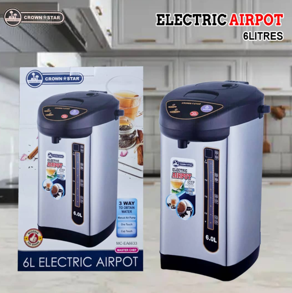 Master Chef 6L Electric Air Pot (800W) – Stainless Steel Hot Water Dispenser with 3-Way Dispensing