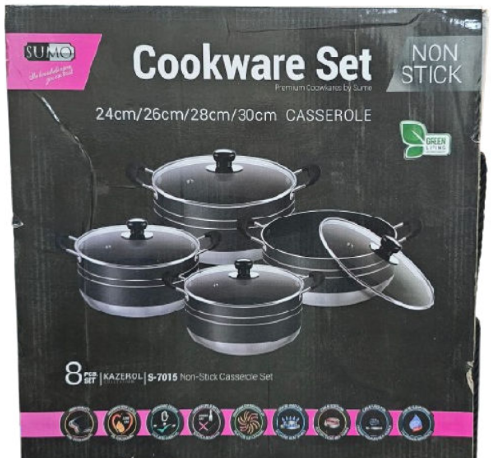 Sumo 8-Piece Non-Stick Cookware Set (S-7015) – 24cm, 26cm, 28cm, 30cm Casserole Pots with Glass Lids