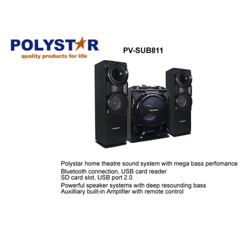 Polystar Bluetooth HiFi Home Theater System PV-SUB811 – 25000W PMPO, 8" Woofer, 2 Mics, FM Radio