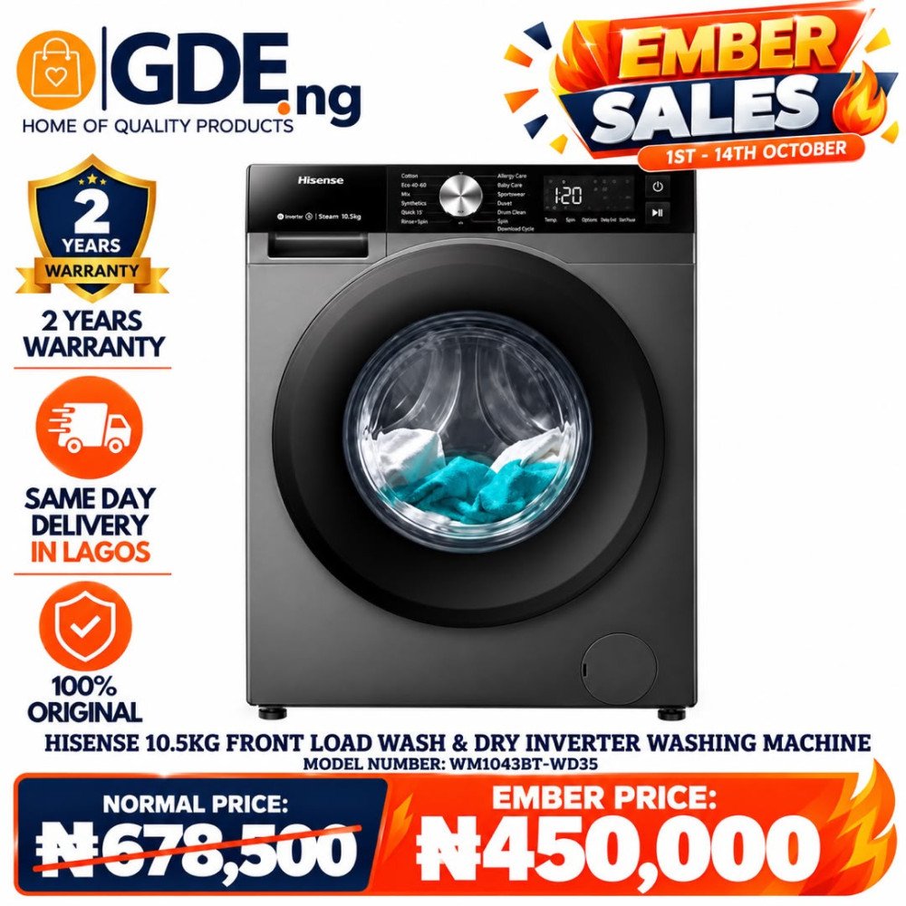 Hisense Front Load Wash & Dry 10.5/6KG Washing Machine (WD3S1043BT) – Compact & All-in-One Laundry