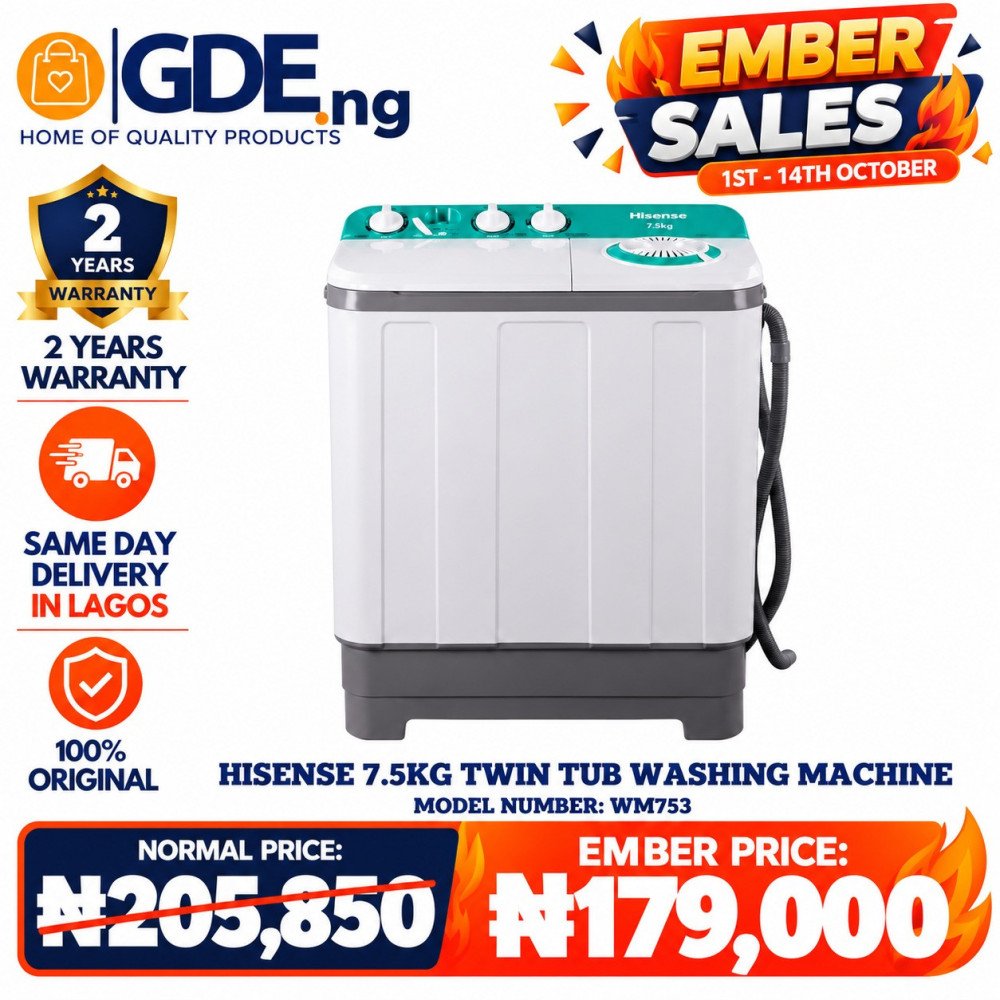 Hisense Top Load Twin Tub 7.5KG Washing Machine (WSQB753) – Compact & Powerful Laundry