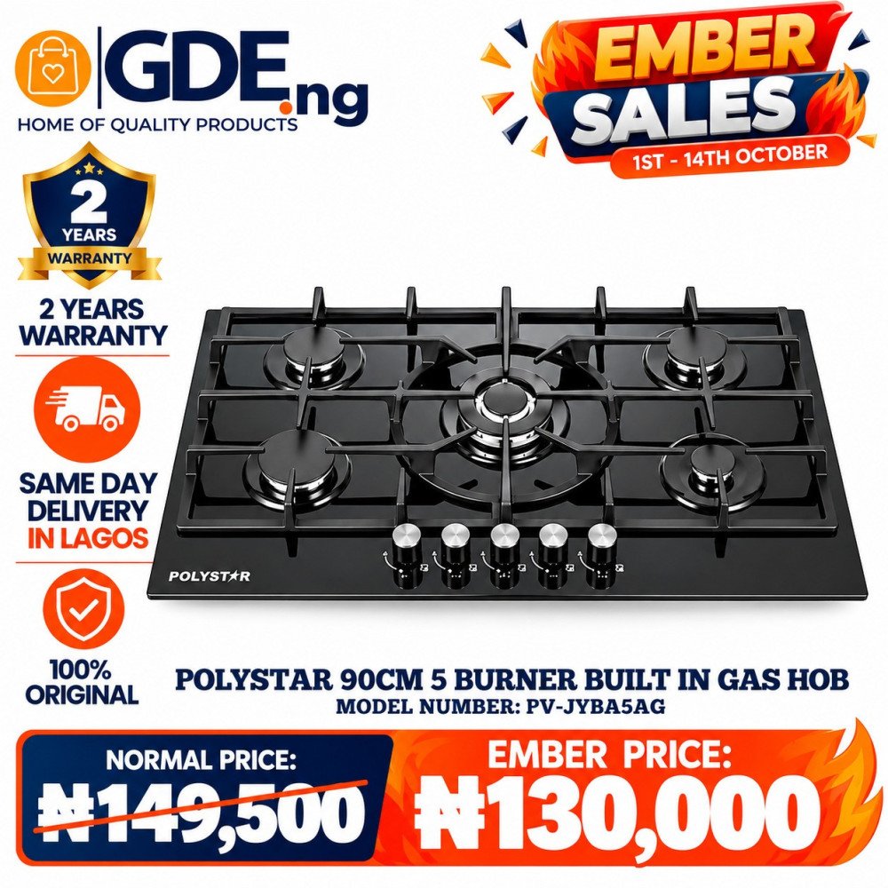 Polystar 5-Burner Tempered Glass Gas Hob PV-JYBA5AG – Built-In, Dual Ignition
