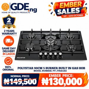 Polystar 5-Burner Tempered Glass Gas Hob PV-JYBA5AG – Built-In, Dual Ignition
