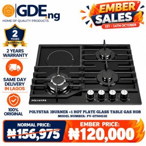 Polystar 3-Burner + 1 Hot Plate Glass Table Gas Hob PV-GT60G3H – Dual Fuel, Heavy Cast Iron Support
