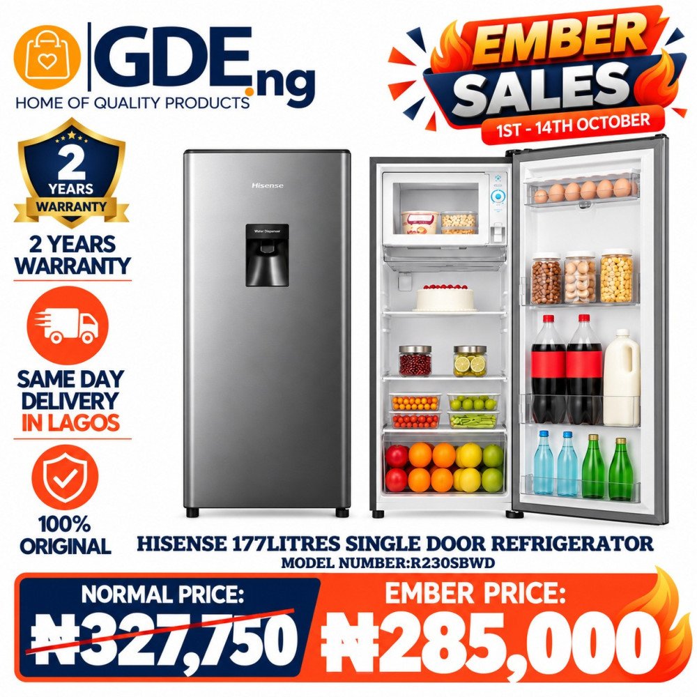 Hisense 177L Single Door Refrigerator (RR230SB) + Water Dispenser – Compact, Energy Efficient, Stylish