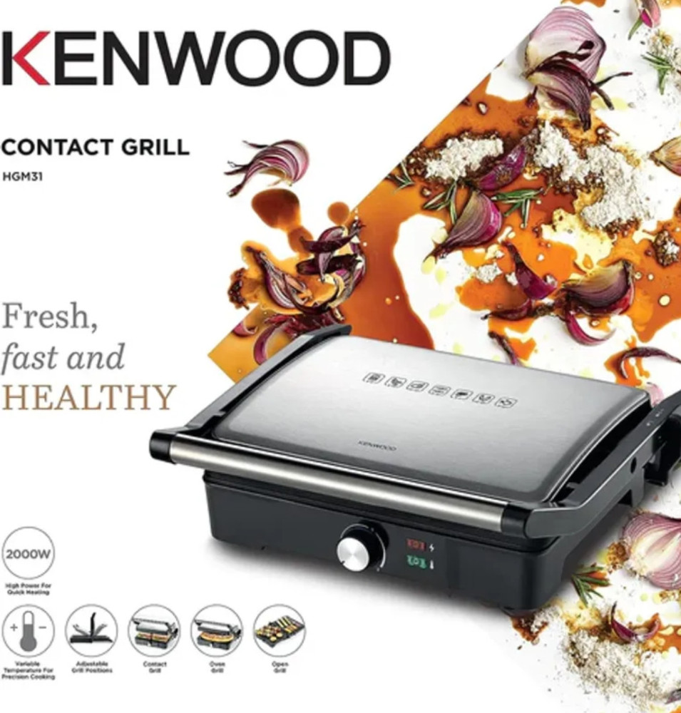 Kenwood 2000W Contact Health Grill & Panini Press (HGM31.000SI) – Adjustable Temperature | Silver